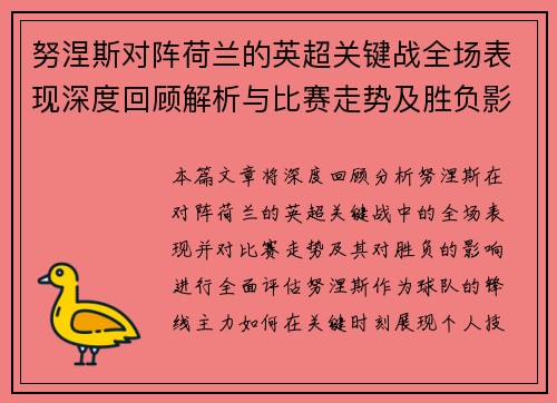 努涅斯对阵荷兰的英超关键战全场表现深度回顾解析与比赛走势及胜负影响评估