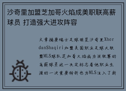 沙奇里加盟芝加哥火焰成美职联高薪球员 打造强大进攻阵容